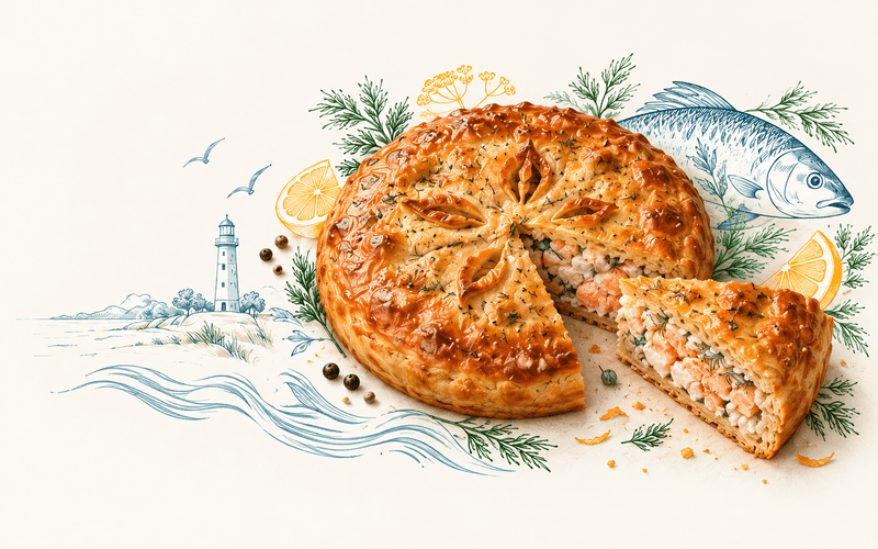 Концепт пирога с рисунками маяка, волн и рыбы