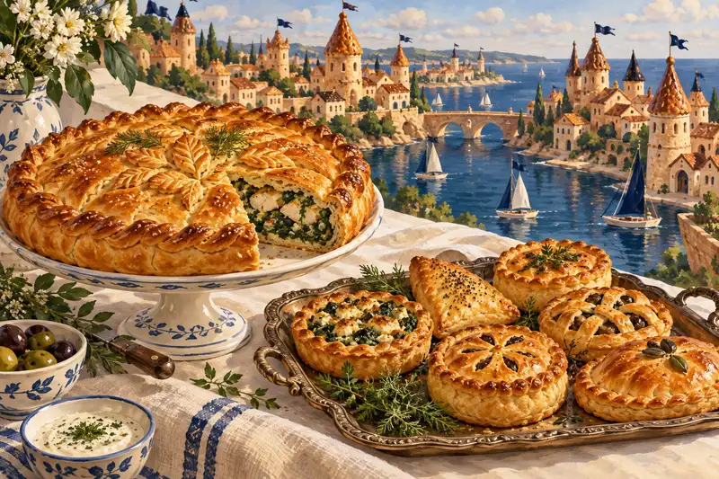 Целый пирог рядом с небольшими порционными пирогами на фоне иллюстрированного пирогового города