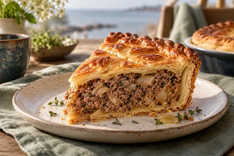 Разрез мясного пирога: слои теста и приготовленная начинка с луком