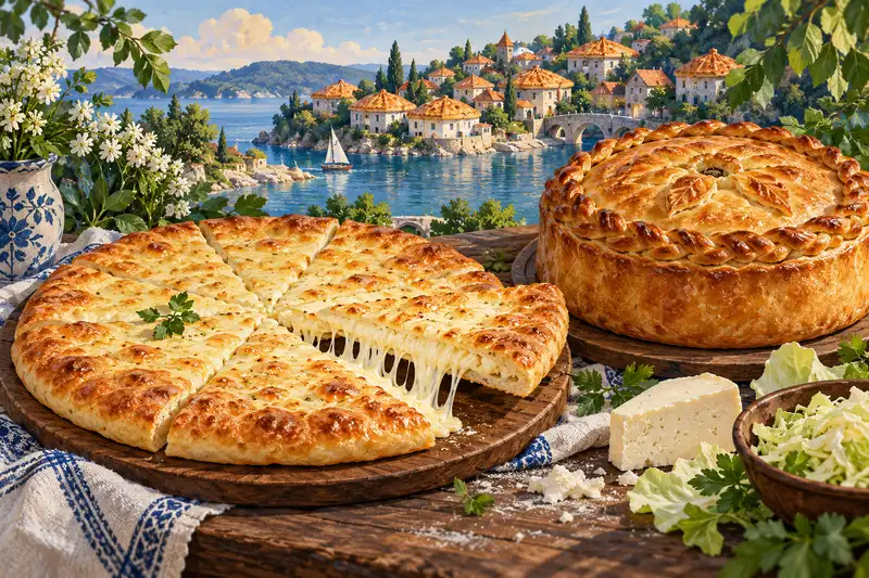 Сырный пирог с вынутым кусочком и кусочками сыра на фоне иллюстрированного пирогового города