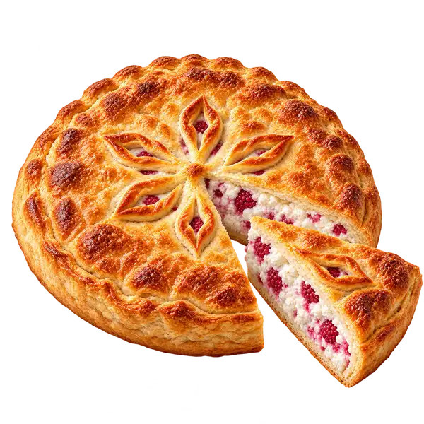 Пирог с творогом и малиной: пирог и кусочек с начинкой