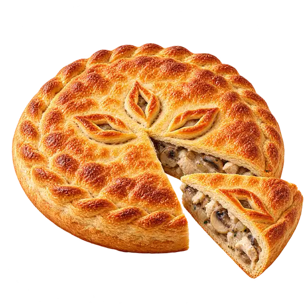Пирог с курицей и грибами: пирог и кусочек с начинкой