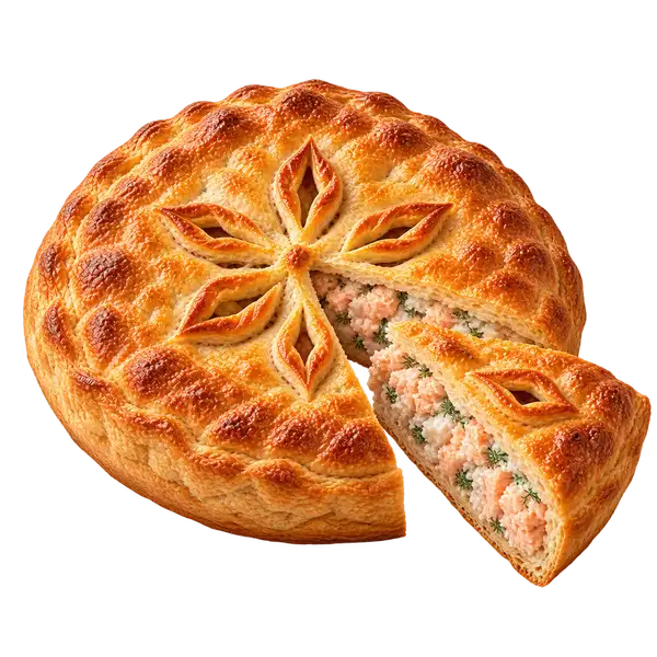 Рыбный пирог: пирог и кусочек с начинкой