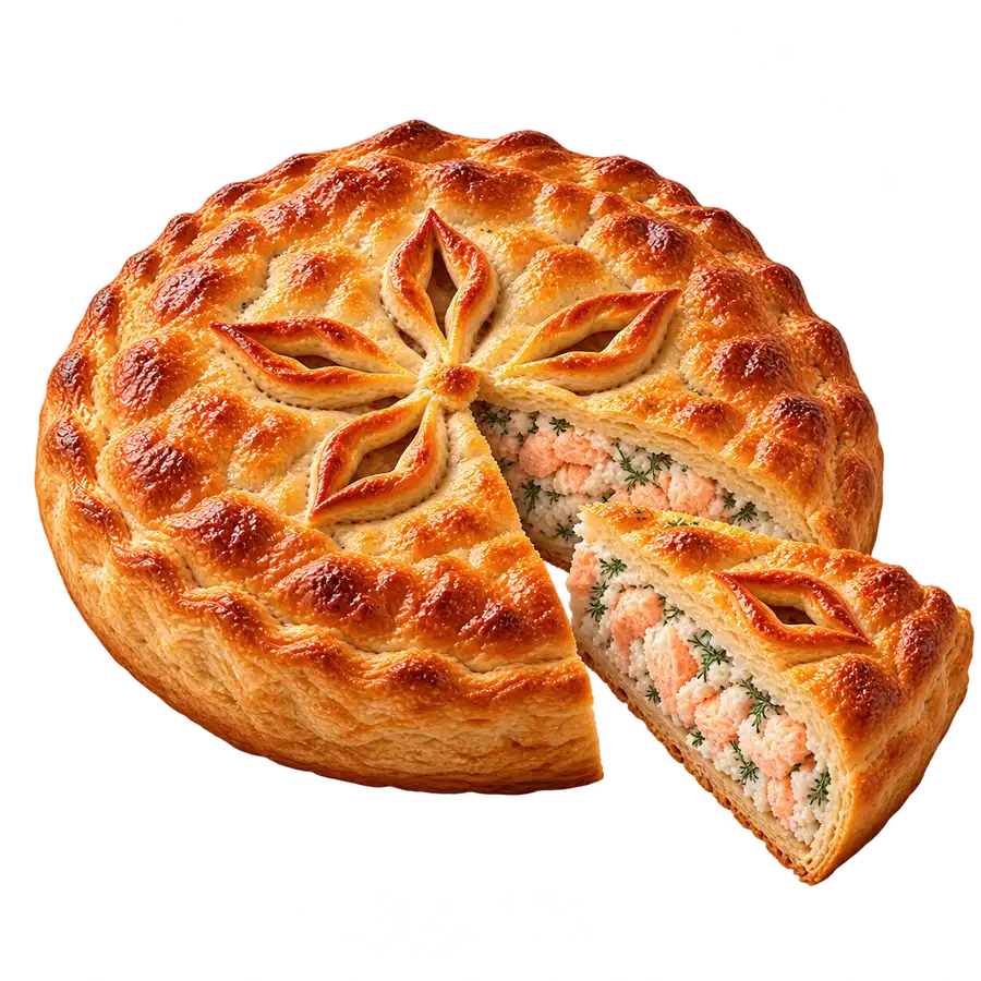 Румяный рыбный пирог и кусочек с начинкой из рыбы, риса, моркови и зелени