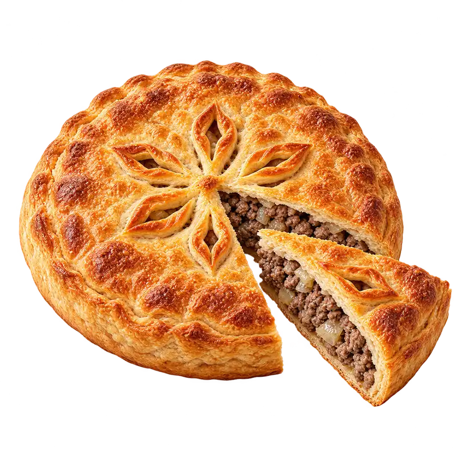 Мясной пирог: пирог и кусочек с начинкой. Визуальный концепт.