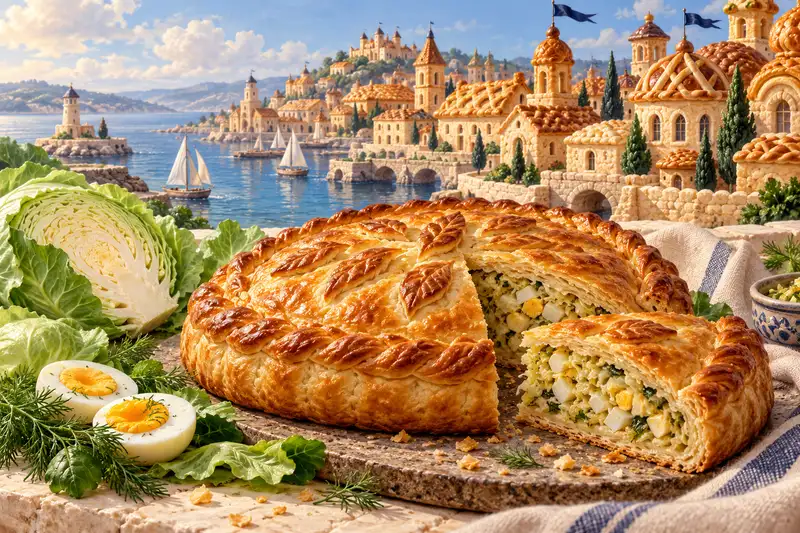 Капустный пирог, половинки яйца и листья капусты на фоне иллюстрированного пирогового города