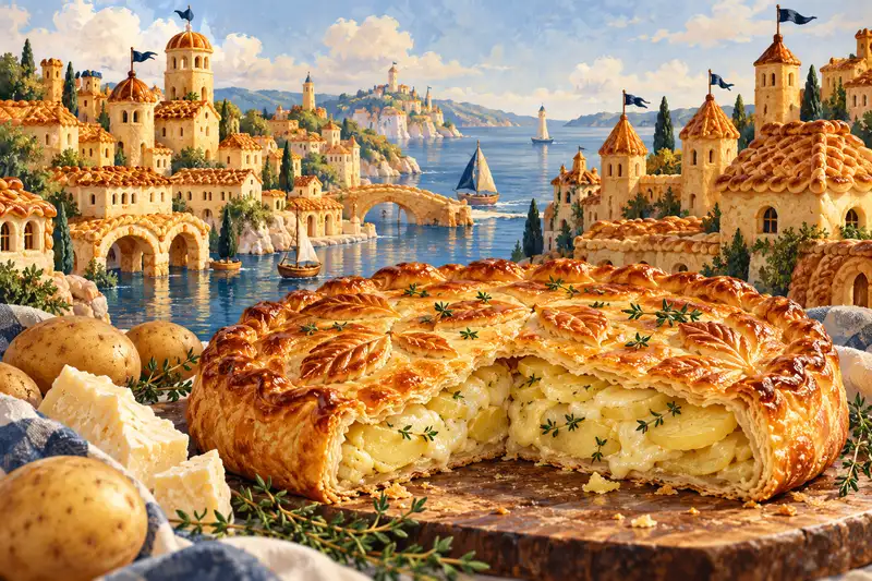 Пирог с картофелем и сыром рядом с картофелем на фоне иллюстрированного пирогового города