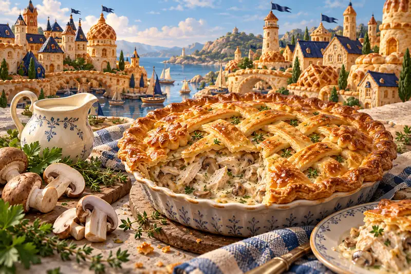 Слоёный пирог с курицей и грибами в разрезе на фоне иллюстрированного пирогового города