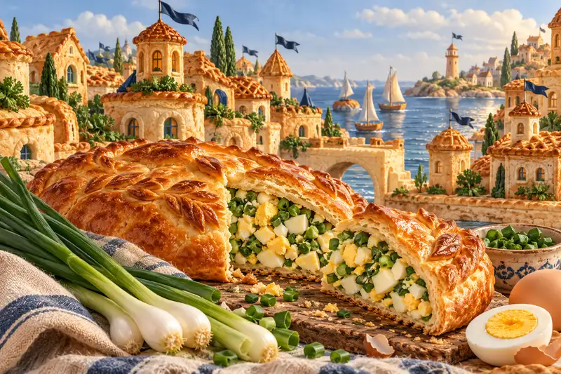 Пирог с зелёным луком и яйцом в разрезе на фоне иллюстрированного пирогового города