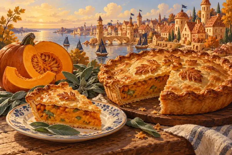 Тыквенные пироги рядом с дольками тыквы на фоне иллюстрированного пирогового города