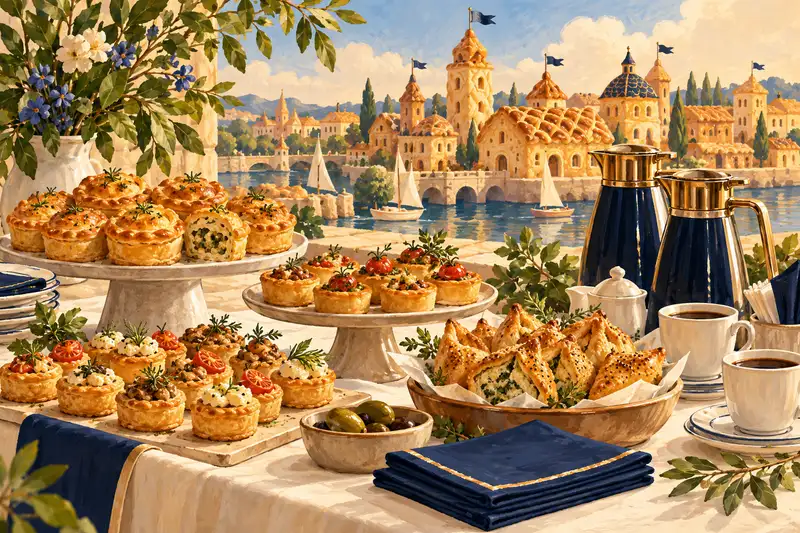Мини-пироги, чашки и кофейники для кофе-брейка на фоне иллюстрированного пирогового города