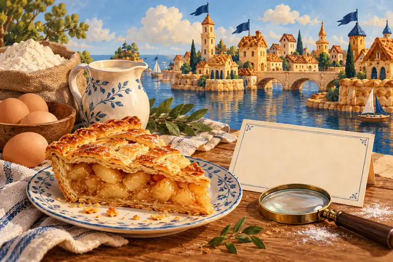 Кусок пирога, яйцо, молоко и карточка для состава на фоне иллюстрированного пирогового города