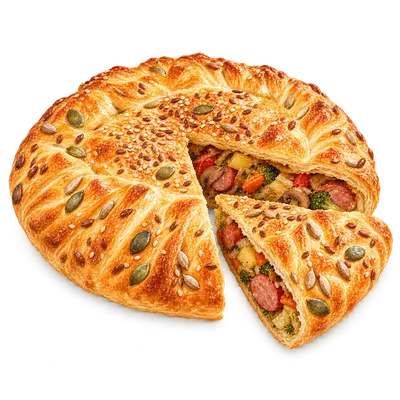 Пирог с немецкими колбасками — иллюстрация пирога